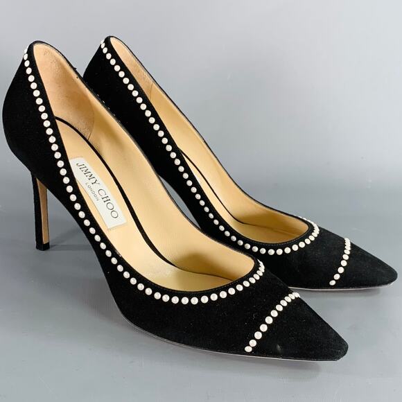 JIMMY CHOO Size 11 Black Cream Suede Faux Pearl Studded Heels Pumps